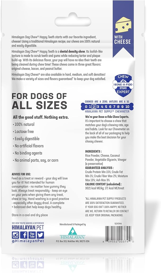 Himalayan Dog Chew Happy Teeth Yak Cheese Dog Chews Dental Chews, 100% Natural, Long Lasting, Gluten Free, Healthy & Safe Dog Treats for Oral Health, Lactose & Grain Free, Protein Rich, 2 Chews
