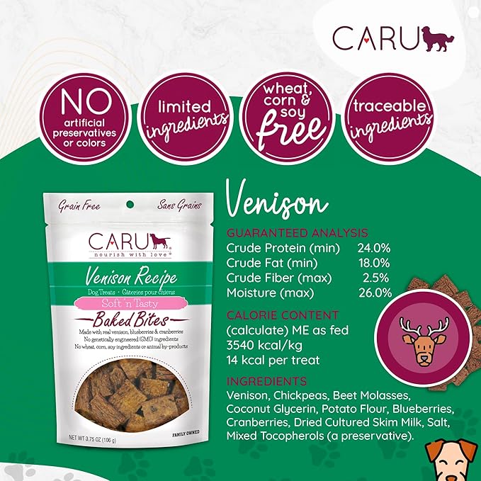 Caru - Soft n’ Tasty Baked Bites - Venison Bites Dog Treats - Flavorful Training Treats - 3.75 oz bags - Pack of 3