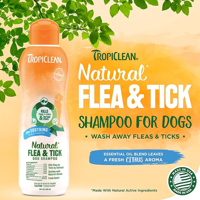 TropiClean Soothing Natural Flea and Tick Dog Shampoo | Natural Flea and Tick Prevention for Dogs | Made in the USA | 20oz