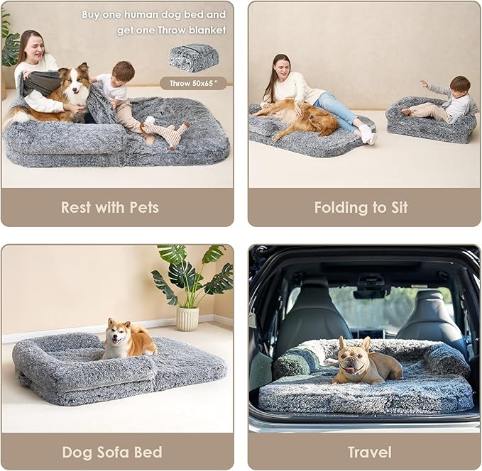 EHEYCIGA Foldable XL Dog Bed, Faux Fur Fluffy Dog Bed for Extra Large Dogs, Orthopedic Calming Memory Foam XL Dog Couch Bed, Washable Soft Warm Dog Sofa Bed with Non-Slip Bottom, Grey, 40"x30"x7"