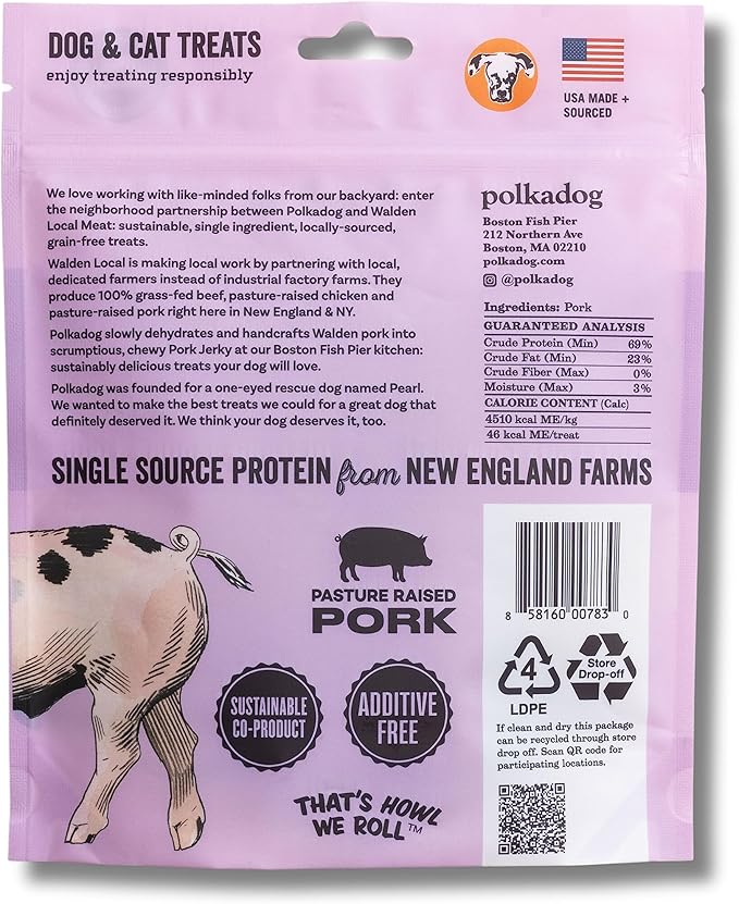 Polkadog Single Ingredient Pork Jerky Dog Treats, 3oz - Pasture-Raised from New England Farms, Additive Free Healthy Dog Treat - Handcrafted, Slow Dehydrated for Sustainably Delicious Dog Jerky