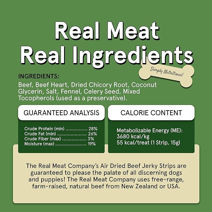 Real Meat Beef Jerky Dog Treats - 8 Air-Dried Strips of Jerky Treats for Dogs - Grain-Free Jerky Treats Dog Snacks Made up of 95% Human-Grade Free-Range Grass Fed Beef - All-Natural Dog Jerky Strips