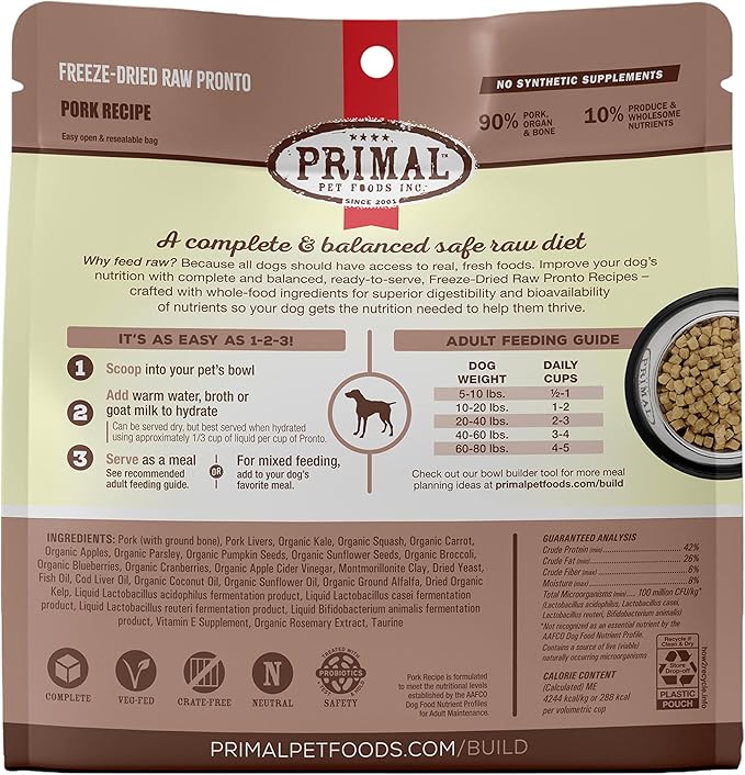 Primal Freeze Dried Dog Food Pronto, Pork; Scoop & Serve, Complete & Balanced Meal; Also Use As Topper or Treat; Premium, Healthy, Grain Free, High Protein Raw Dog Food (16 oz, 2-pack)