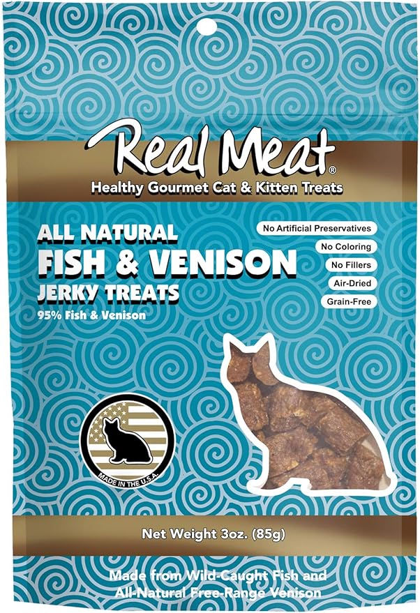 Real Meat, Air-Dried Jerky Treats, Free-Range, All-Natural Fish & Venison Cat Treats 3oz