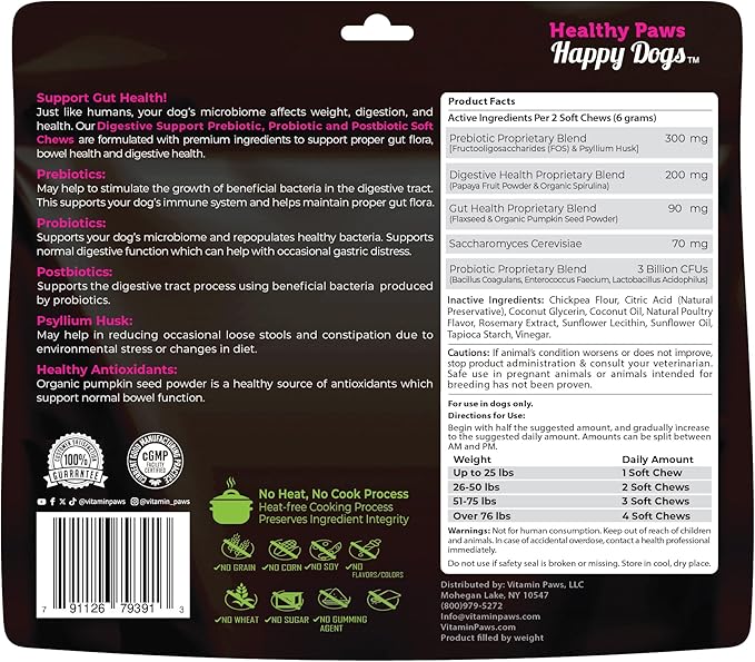 Digestive Support Probiotics, Prebiotics, Postbiotics for Dogs | Soft Chews Supplements for Itchy Skin, Ears, Paw Licking | Natural Enzymes for Canine Gut Health, Diarrhea & Bowel Support