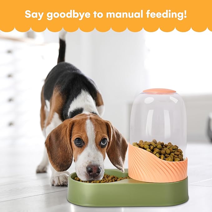 Noa Store Cat Water and Food Dispenser Set, 6.2" Wx12.9 Lx8.6 H each - Automatic Dog Feeder and Waterer - Self-Feeding Gravity Bowls for Indoor Pets - Convenient Hydration Solution - 2 Pack, Green