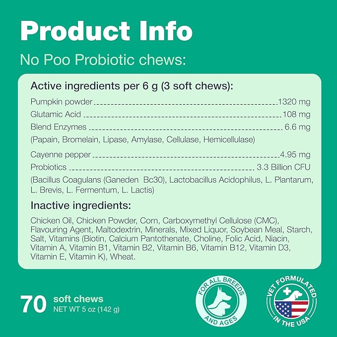 Probiotics for Dogs - No Poo Probiotc Chews for Dogs - Gut Health for All Dog Breeds & Sizes - Convenient Zip-Lock Packaging for Travelling
