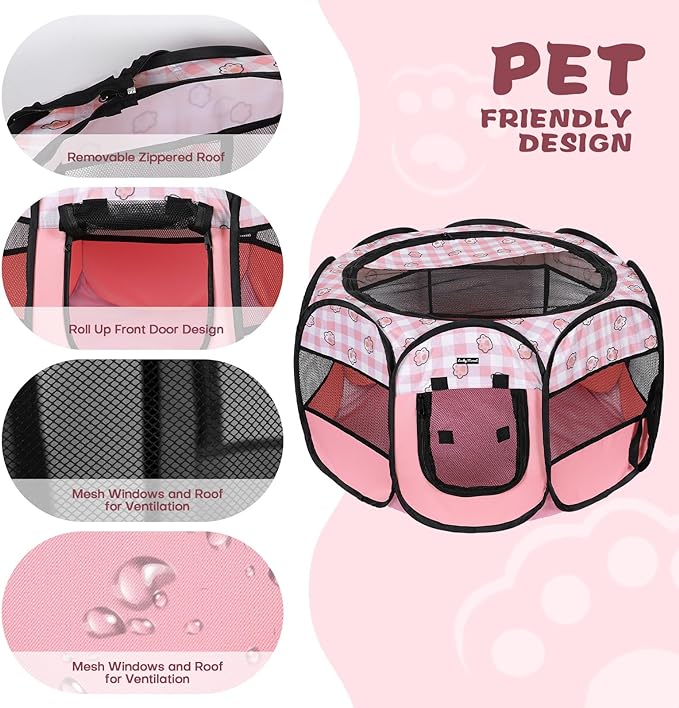Foldable Dog Playpen Cat Puppy Playpen Indoor Pop Up Pet Animal Playpen Outdoor Kennel Cage Pen Tent for Small Medium Dog Puppy Cat Kitten Rabbit - Small, Pink