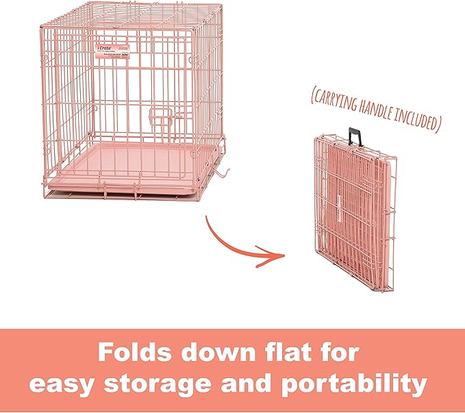 MidWest Homes for Pets Single Door iCrate 24" Pink Folding Metal Dog Crate w/ Divider Panel, Floor Protecting "Roller" Feet & Leak Proof Plastic Tray; 24L x 18W x 19H Inches, Small Dog Breed