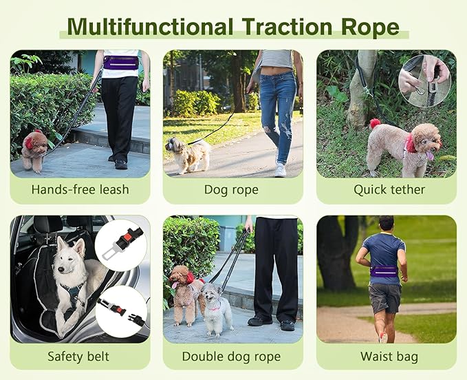 Pecute Hands Free Dog Leash with Pouch, Waist Belt Fanny Pack with Soft Pads, Dual Padded Handles, and Durable Bungee for Walking, Hiking, Jogging Biking, and Running (Up to 220lbs) Purple