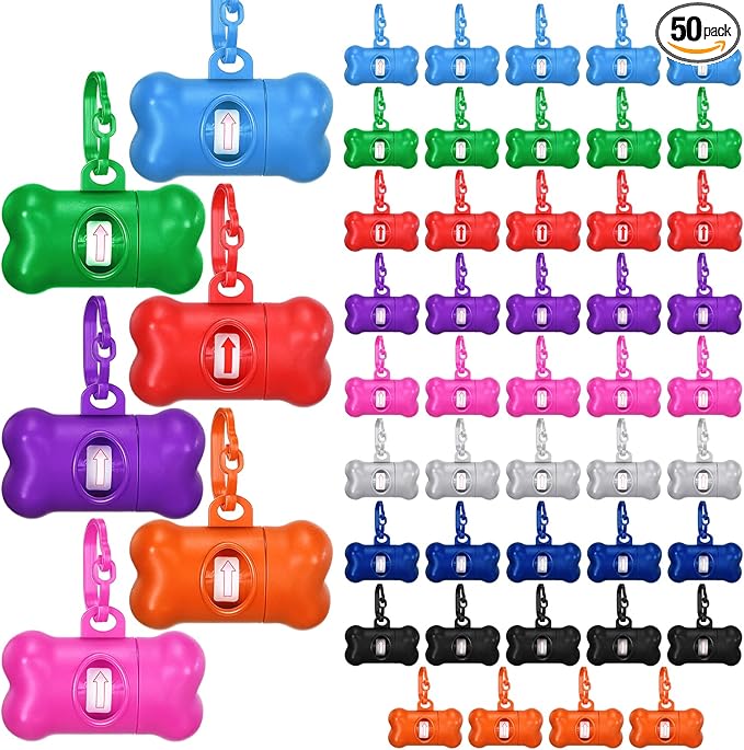 Zhehao 50 Pcs Dog Poop Trash Bag Holder Dispenser Dog Poop Waste Bag Holder Plastic Dog Waste Bag for Leash with Hook and Leak Proof PET Waste Bags for Walking Hiking Camping (Bone)