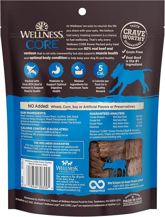 Wellness CORE Pure Rewards, Grain-Free Tender Jerky Treats, Made in USA (Venison Recipe, 4-Ounce Bag)
