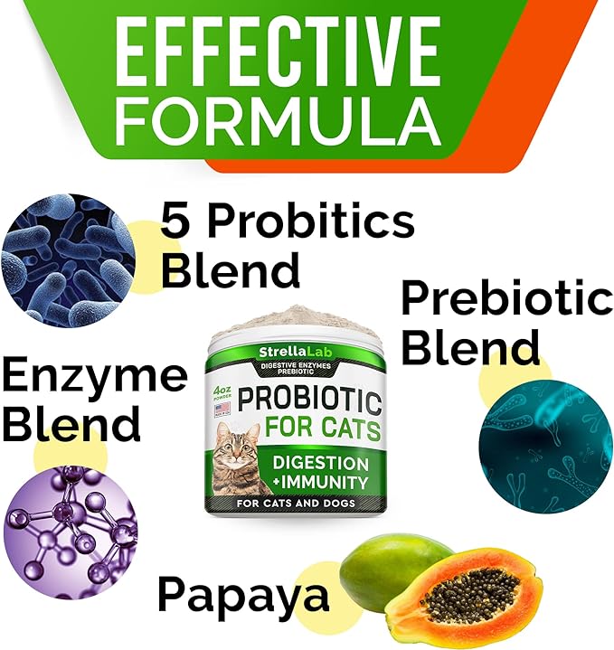 StrellaLab Cat Probiotic Powder — Probiotics for Cats with Diarrhea, Cat Probiotics for Indoor Cats, Health Supplies Food Supplement, Pet Probiotics, Cat Digestive Support, Constipation Relief Treats