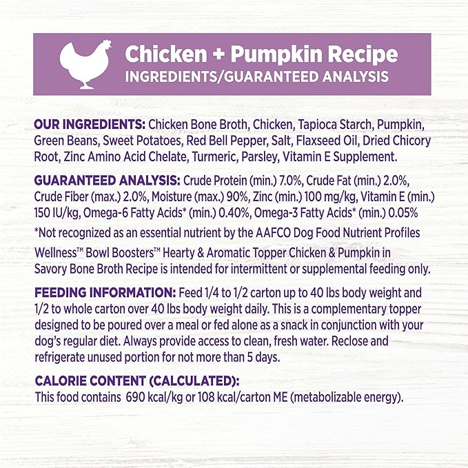 Wellness Bowl Boosters Hearty Toppers, Chicken & Pumpkin Recipe in Savory Bone Broth Dog Food Toppers, 5.5 Ounce Pouch (Pack of 12)
