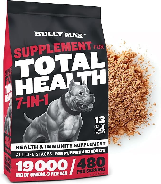 Bully Max 7-in-1 Total Health & Immunity Dog Multivitamin Powder - Omega 3 Vitamin Supplements for Immune System, Heart, Digestive & Joint Health - Puppy & Adult Dogs Vitamins for All Breeds, 13Oz Bag