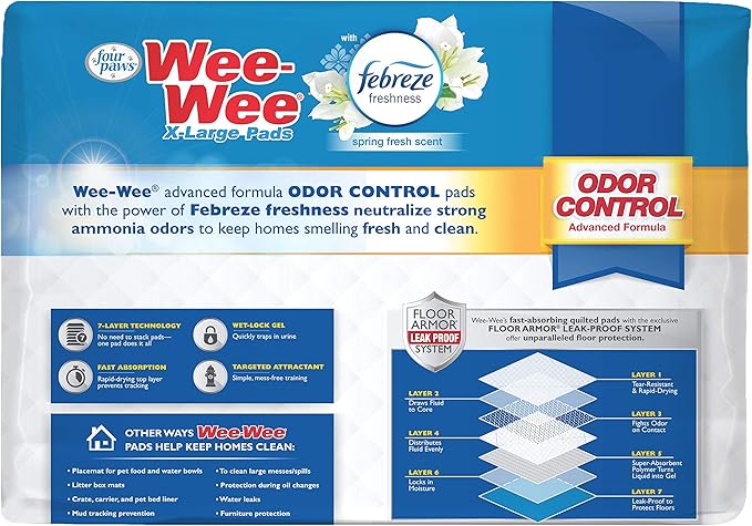Four Paws Wee-Wee Odor Control with Febreze Freshness Pee Pads for Extra Large Dogs, Leak-Proof Floor Protection Dog & Puppy Quilted Potty Training Pads, Spring Fresh Scent, 28" x 30" (30 Count)