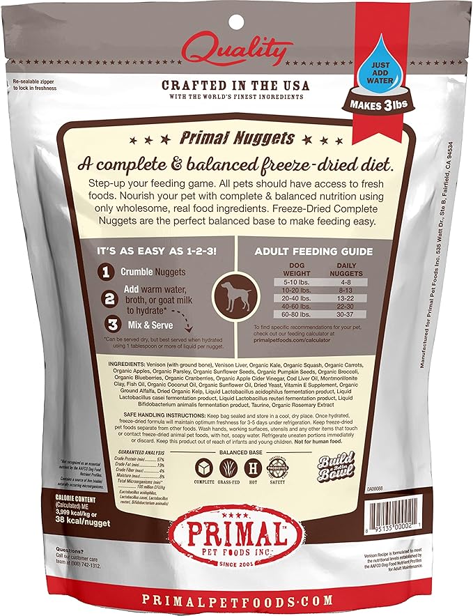 Primal Freeze Dried Dog Food Nuggets, Venison; Complete & Balanced Meal; Also Use as Topper or Treat; Premium, Healthy, Grain Free, High Protein Raw Dog Food, 14 oz