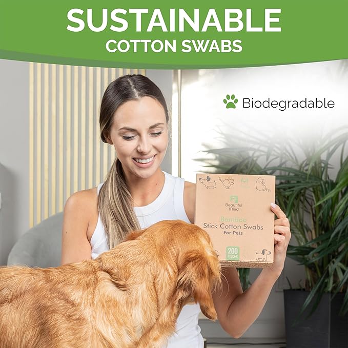 Cotton Swabs for PETS - Long 6'' Bamboo Sticks & Medium Large 0.35" Cotton Tips - Biodegradable, Eco-Friendly & Double Tipped - Pack of 200 (Drawer Box)