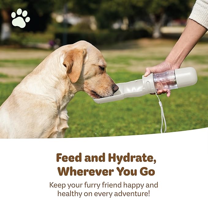 Desired Things Portable Pet Food and Water Dispenser, 2 in 1 Cat & Small Dog Water Bottle & Food Container, Lightweight, BPA Free Pet Water Bottle Traveling Essentials for Walking & Hiking - White