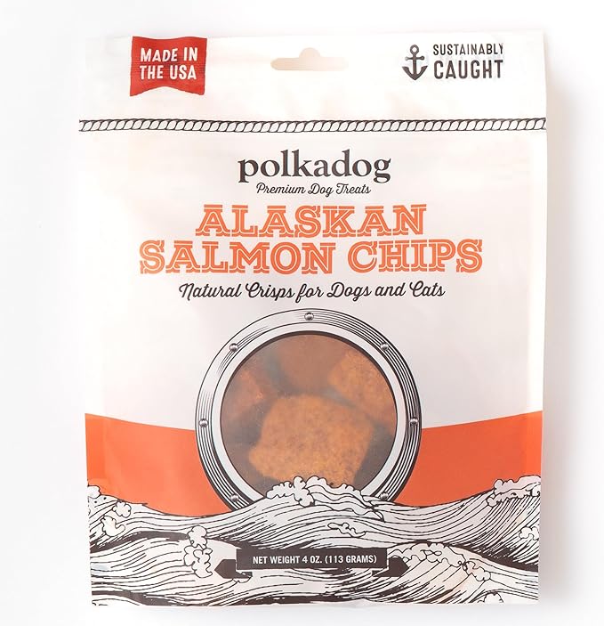 Polkadog Crunchy Alaskan Salmon Chips, Dog Treats – 100% Wild-Caught Fish Treat for Dogs, Cats – All-Natural, Grain-Free, Gluten-Free Pet Chips – Single Ingredient Snacks – 4 oz.
