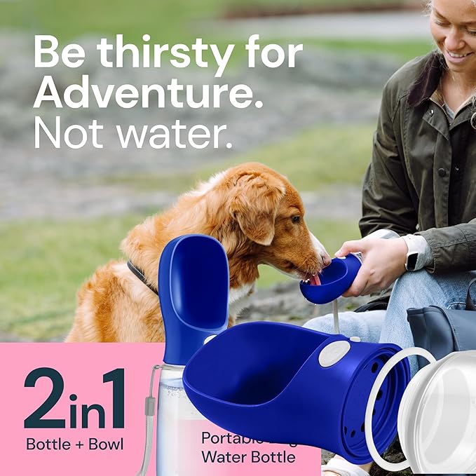 MalsiPree Dog Water Bottle Portable – Leak Proof and Lightweight Water Bottle for Dogs – Dog Travel Water Bottle with Bowl – Dog Walking Accessories (19OZ, Navy Blue)