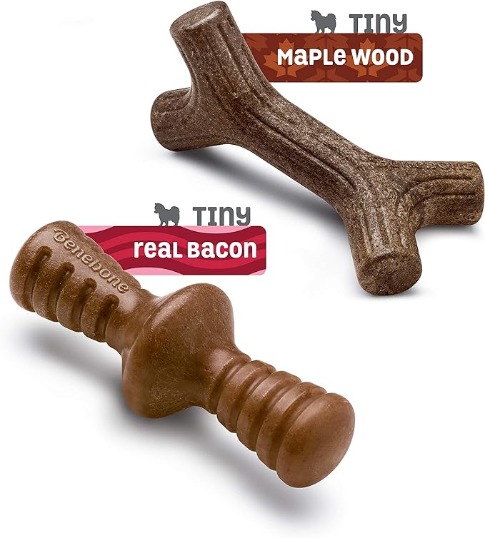 Benebone 2-Pack Maplestick/Zaggler Durable Dog Chew Toys, Real Bacon, Real Maplewood, Made in USA, Tiny, Extra Small, Brown