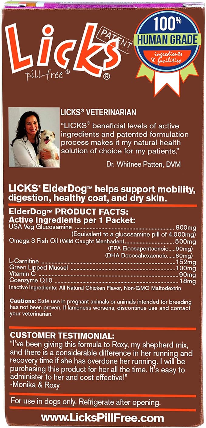 Licks Pill-Free ElderDog - Older Dog Vitamins and Supplements - Joint & Immune Support Supplements for Dogs - Dog Coat & Digestion Supplement for Senior Dogs - Gel Packets - Roasted Chicken, 30 Use