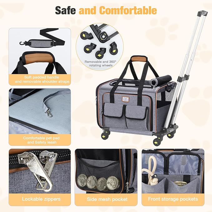 Lekereise Airline Approved Cat Dog Carrier with Wheels Expandable Rolling Pet Carrier for Medium Dogs and Cats Under 15 25LBS, Pet Travel Carrier on Wheels, Grey