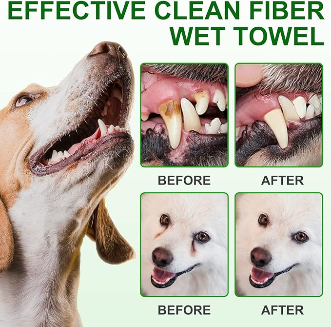 Dental Teeth Cleaning Wipes for Dogs & Cats, Remove Bad Breath by Removing No-Rinse Dog Finger Toothbrush, Disposable Gentle Cleaning Pet Dental Care Wipes, 50pc