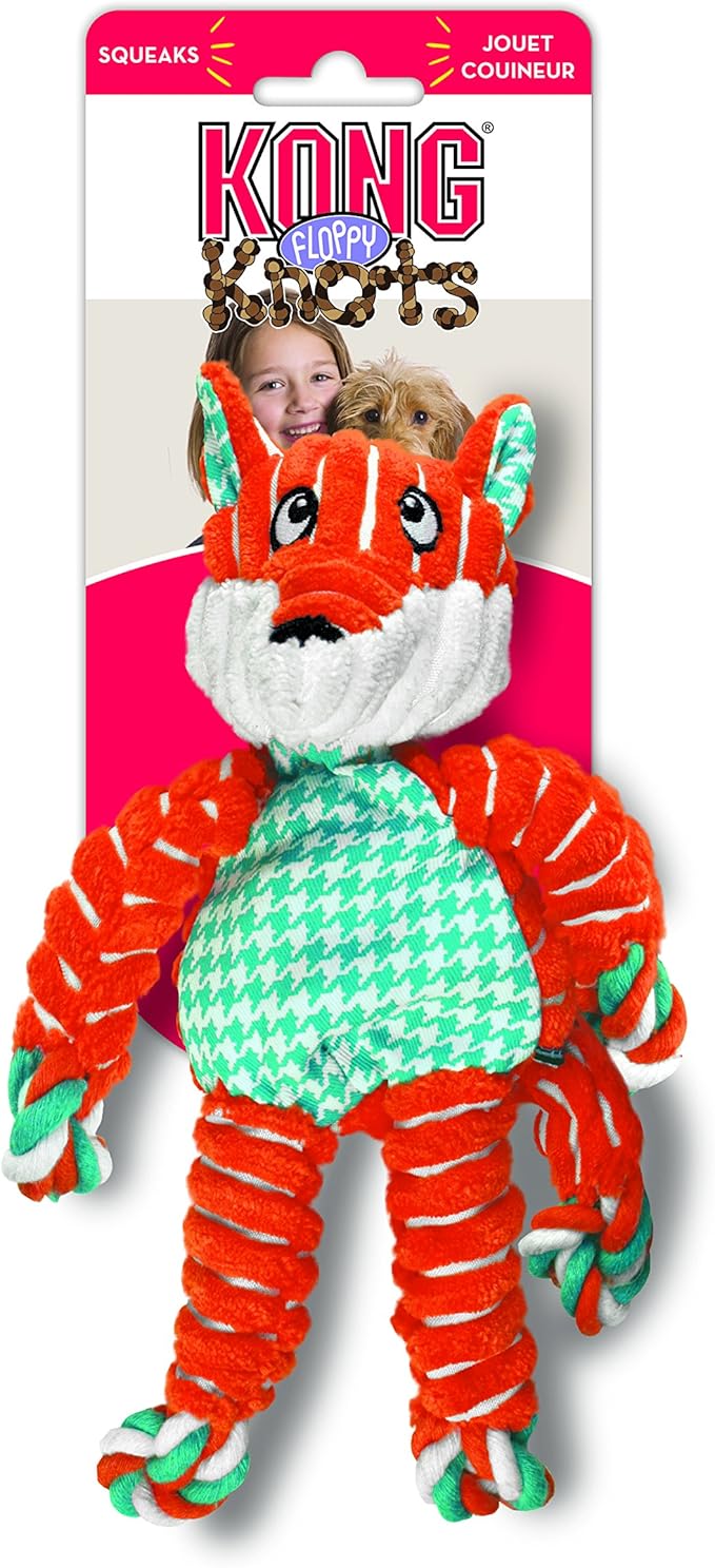 KONG Floppy Knots Fox and 2 Signature Balls - Sturdy & Fun Dog Toys - Strong Dog Toy Balls for Fetch & Soft Toy with Internal Squeaker - for Large Dogs