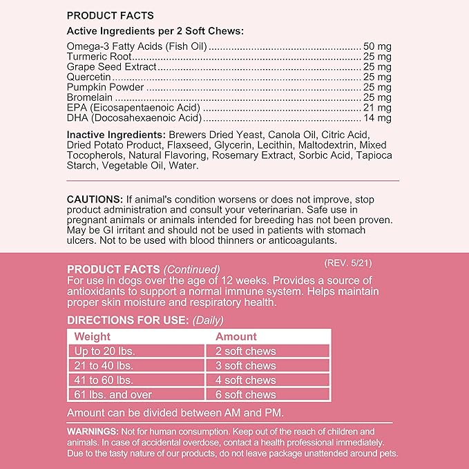 Dog Allergy Chews -180 Delicious Soft Chew Treats - Anti Itch Allergy Relief for Dogs and Cats - Boosts Immune System, Promotes Skin Health - Seasonal Allergy Treatment for Pets - Made in The USA