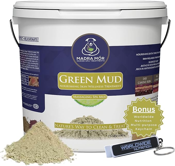 Madra Mor Green Mud Dog Wash Spa Mud Dog Essentials | Dog Bath for Dog Grooming | Dry Skin for Dogs Treatment | Dog Coat Skin Care Products | 7.5lb Pail w Worldwide Nutrition Multi Purpose Key Chain