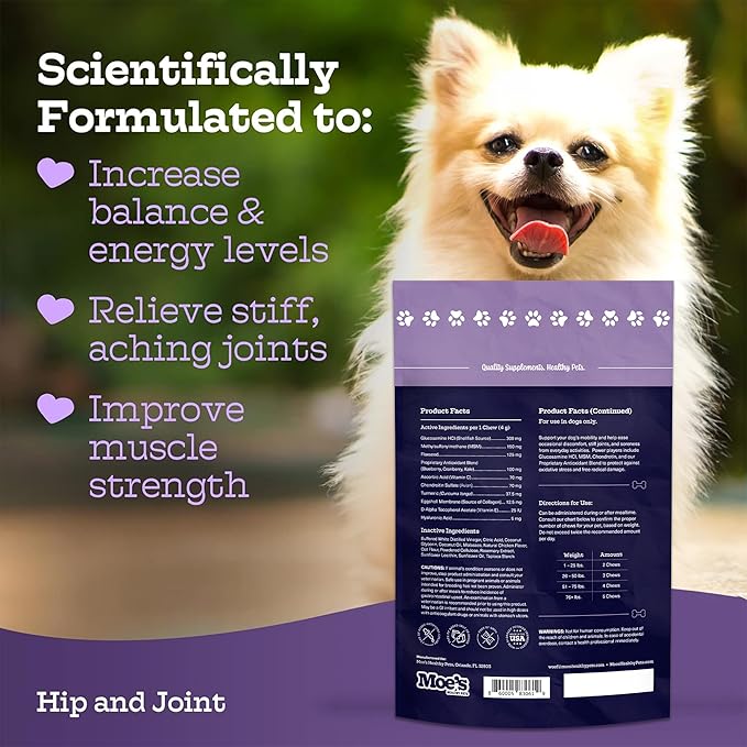 Moe's Glucosamine Dog Joint Supplement + Glucosamine, Chondroitin, Hyaluronic Acid, Vitamin C, E – Bone Health - Joint Pain Relief - Advanced Hip & Joint Care - 90 Chews - Made in USA – All Breeds