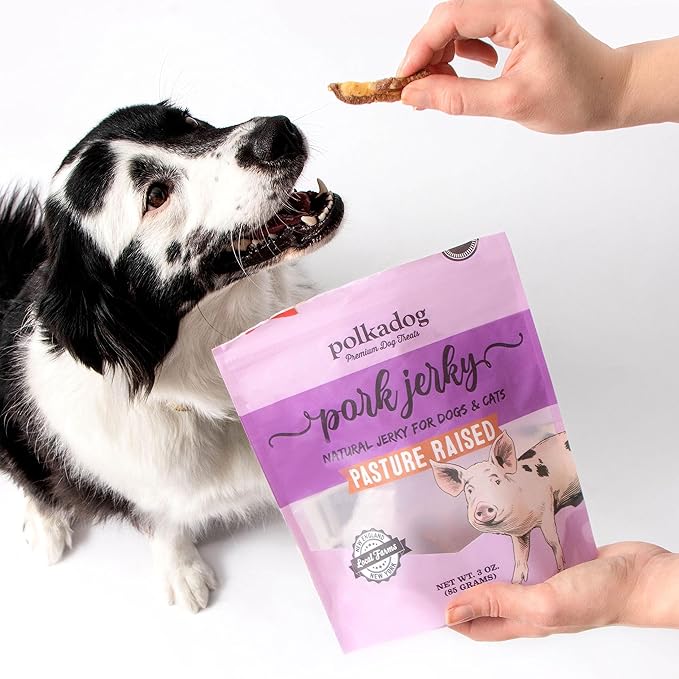 Polkadog Single Ingredient Pork Jerky Dog Treats, 3oz - Pasture-Raised from New England Farms, Additive Free Healthy Dog Treat - Handcrafted, Slow Dehydrated for Sustainably Delicious Dog Jerky