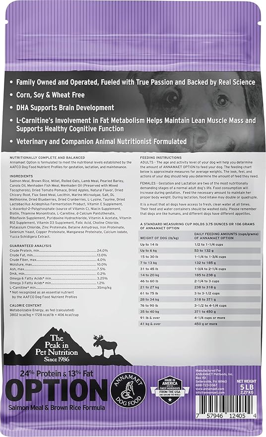 Annamaet Original Option Formula Dry Dog Food, 24% Protein (Salmon & Brown Rice), 5-lb Bag