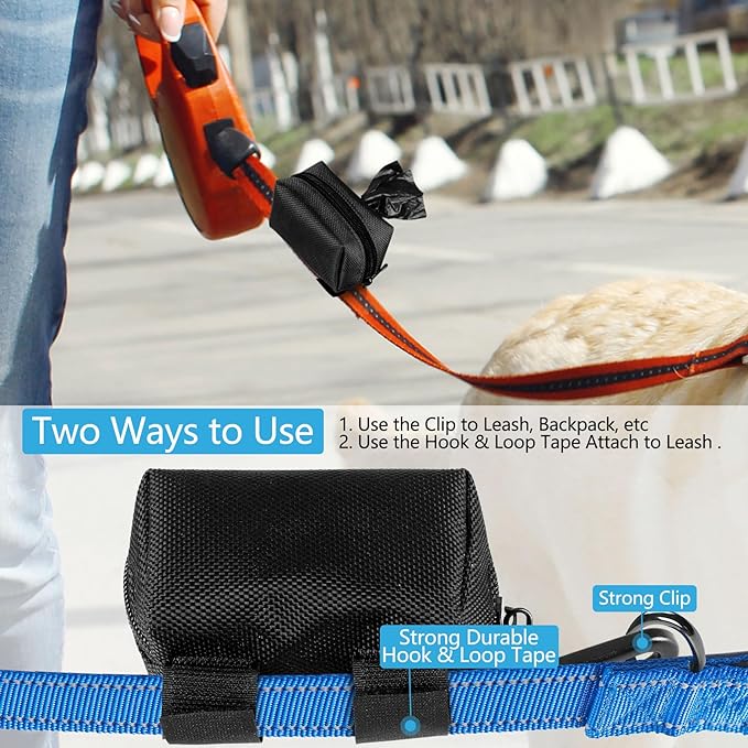Dog Poop Bag Holder for Leash Attachment Dog Poop Bag Dispenser Dog Waste Bag Dispenser for Leash Accessory Portable Set Fit Dog Leash - Dog Poop Bags Holder & 1 Hand Free Holder Metal Carrier, Black
