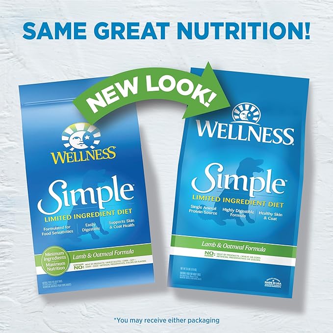 Wellness Simple Natural Limited-Ingredient Grain-Free Dry Dog Food, Easy to Digest for Sensitive Stomachs, Supports Skin & Coat (Lamb and Oatmeal, 26-Pound Bag)