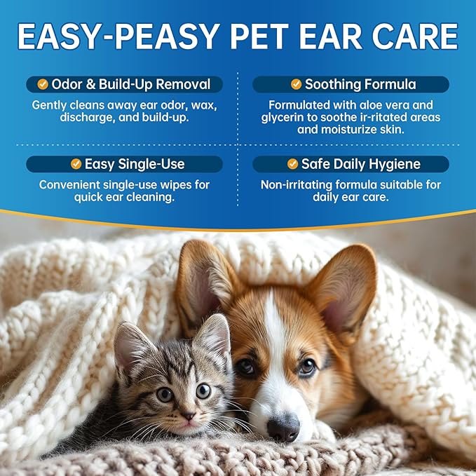 Ear Wipes for Pet, 200PCS Pet Ear Cleaning Wipes Wash Cleaner for Dogs Cats - Ear Wipes for Dogs Cats, Remove Ear Wax Dirt Debris for Dogs Cats
