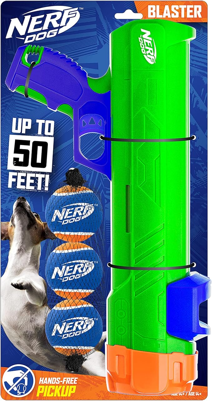Nerf Dog Tennis Ball Blaster Dog Toy, 16 Inch Blaster with 3 Balls,Green