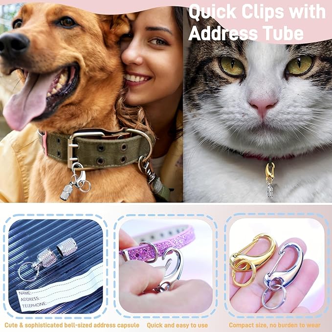 2 Pack Dog Tag Clips, Pet Tag Quick Clip with Anti-Lost Pet ID Tags Barrel Tube, Stainless Steel Easy Change Pet ID Tag Holder for Dog Cat Collars Harnesses, Gold & Silver