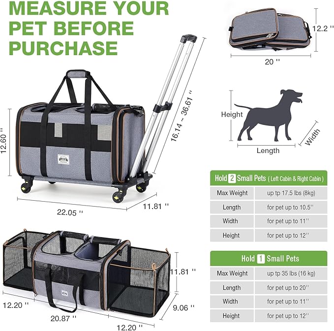 Lekereise Cat Dog Carrier with Wheels for 2 Cats, Expandable Double Cat Carrier with Wheels, Large Rolling Pet Carrier for 1 Large Cat/Dog or 2 Medium Cats, Wheeled Pet Carrier with Telescopic Handle