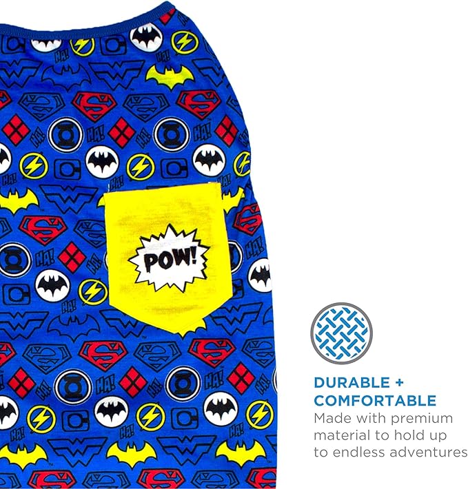 DC Comics for Pets Sleeveless T-Shirt for Dogs | DC Superheroes Logo Pattern Dog Tank Top | Blue Large Dog Tank | Cute and Comfortable Dog Tank Officially Licensed by DC Comics