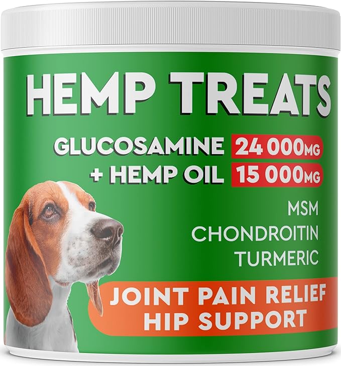 Hemp + Glucosamine Treats for Dogs - Made in USA Hip & Joint Supplement w/Hemp Oil Chondroitin MSM Turmeric - Natural Pain Relief - All Breeds Sizes - 120 Soft Chews - Bacon Flavor
