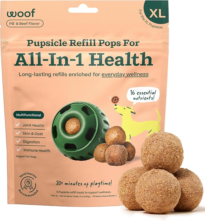 WOOF Pupsicle Refill Pops for All-in-1 Health - Long-Lasting Multivitamin Refills for The Pupsicle Toy - with Vitamins A, B, D, Iron, Magnesium, and Fiber - XL Pops - 5 count
