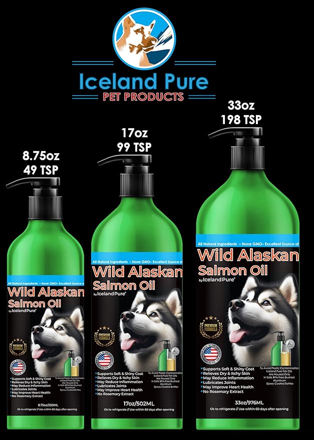 Wild Alaskan Salmon Oil for Dogs and Cats by Iceland Pure | 1,043 mg of Omega-3 per Teaspoon | Salmon Oil & Pollock Blend | BPA-Free Brushed Aluminum Epoxy Coated Bottle with Pump - 8.75 oz