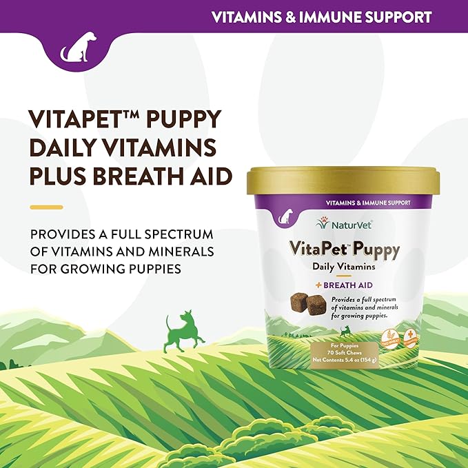 NaturVet – VitaPet Puppy Daily Vitamins for Dogs – Plus Breath Aid – Specifically Formulated to Provide Puppies with Essential Vitamins, Minerals, Amino Acids & Fatty Acids (70 Soft Chews)