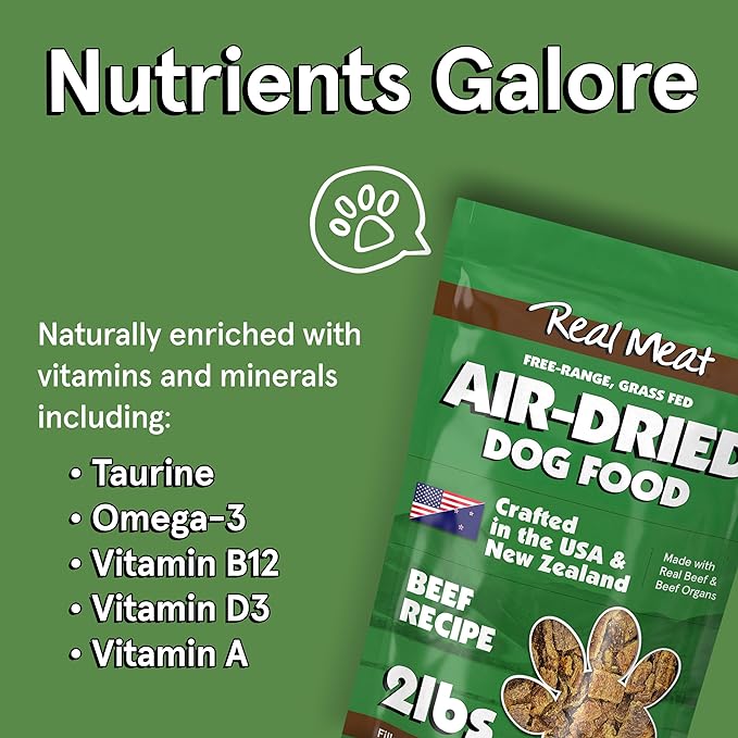 Real Meat Air Dried Dog Food w/Real Beef - 2lb Bag of USA-Crafted Grain-Free Real Meat Dog Food Sourced from Hormone-Free, Free-Range, Grass-Fed Beef - Digestible, All Natural, High Protein Beef