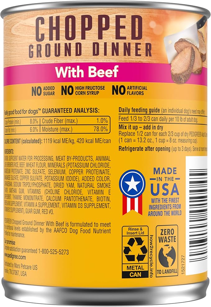 PEDIGREE CHOPPED GROUND DINNER Adult Canned Soft Wet Dog Food with Beef, 13.2 oz. Cans (Pack of 12)