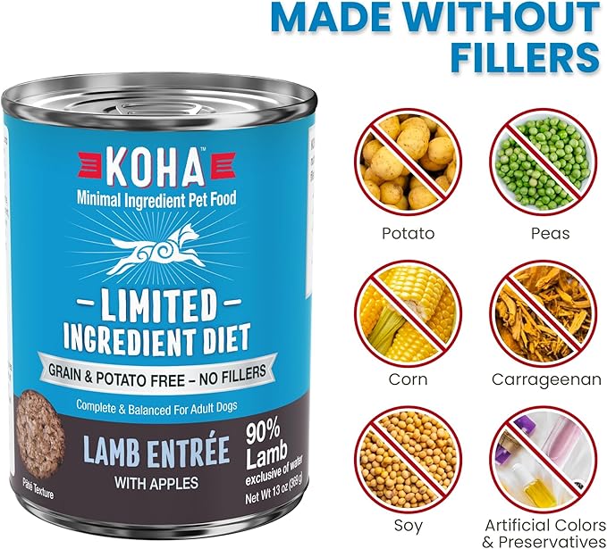 KOHA Limited Ingredient Diet Lamb Entrée for Dogs - Grain Free Wet Dog Food with No Fillers - Canned Dog Food Sensitive Stomach - 13 oz Pack of 12