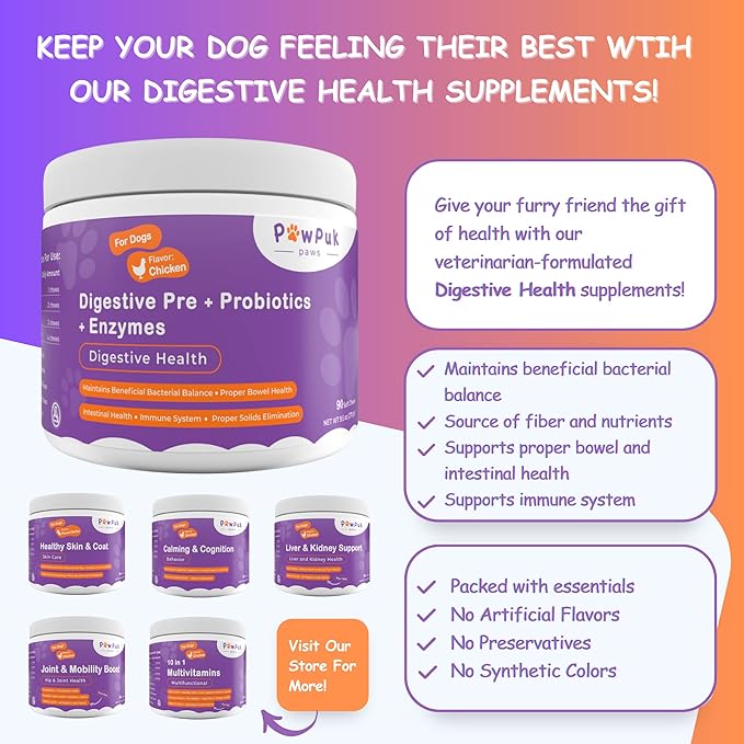 Digestive Supplements for Dogs, Vitamins, Inulin - Beneficial Bacterial Balance, Fiber, Probiotics - Healthy Gut Microbes, Bowel, Intestinal, Immune Support, Proper Solids Elimination